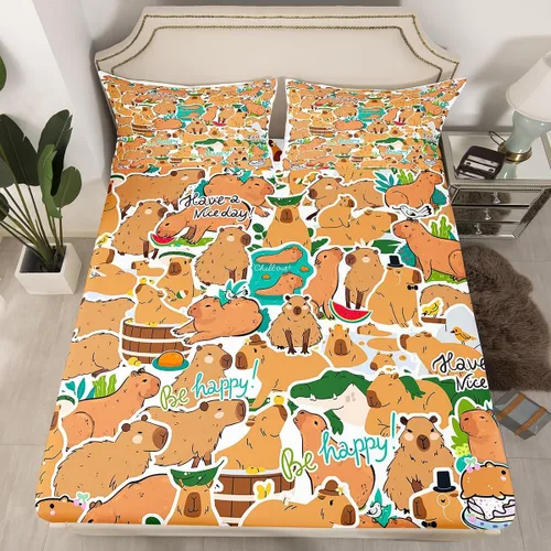 Miniatura 19 de Sábana bajera ajustable de Capybara de dibujos animados tamaño individual para niños, bonito juego de cama de Capybaras marrón para niños y niñas