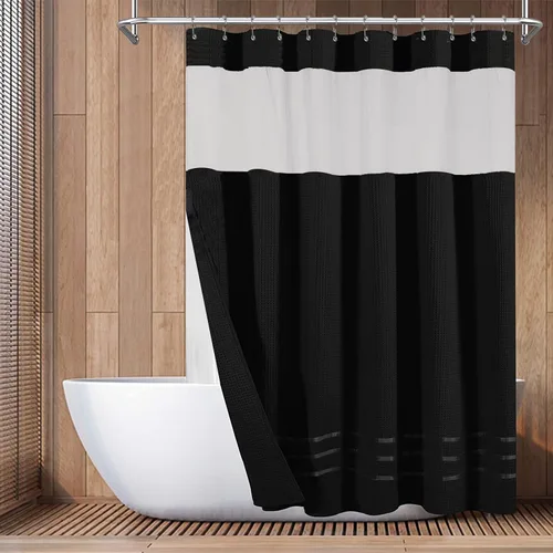 Miniatura 7 de Yimobra Juego de cortinas de ducha de tejido gofre con forro de tela a presión, tela pesada con 12 ganchos, impermeable y lavable, ventana superior