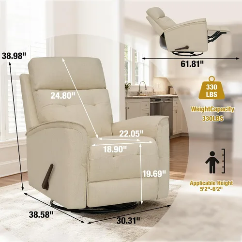 Miniatura 2 de Silla reclinable giratoria para adultos, silla mecedora, pequeña reclinable giratoria para espacios pequeños, sala de estar, dormitorio, caravana
