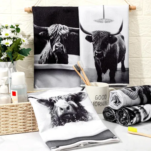 Miniatura 2 de Boyiee Juego de 6 toallas de cocina de ganado Highland, divertidas toallas de baño de vaca en blanco y negro, absorbentes de 24 x 16 pulgadas, lindo