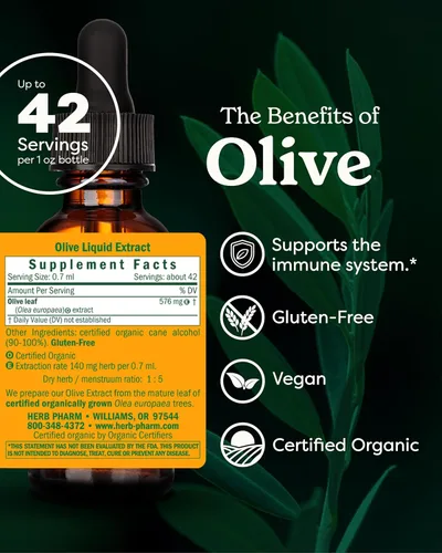 Miniatura 2 de Herb Pharm Gotas de extracto líquido de hoja de olivo orgánico certificado para apoyo al sistema inmunológico, 1 onza