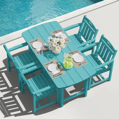 Miniatura 20 de Juego de comedor de patio al aire libre de HDPE con mesa y 6 sillas, juego de mesa y sillas de 7 piezas para todo clima, agujero para sombrilla de 2