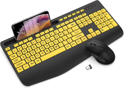Miniatura 12 de Combo de teclado y ratón inalámbrico - Teclado ergonómico de tamaño completo con reposa muñecas, soporte para teléfono, modo de suspensión, combo