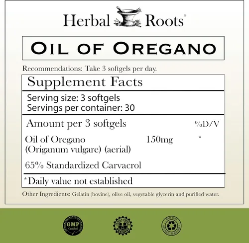 Miniatura 2 de Herbal Roots Aceite de orégano - Hecho de aceite de orégano mediterráneo - 90 cápsulas de cápsulas blandas fáciles de tragar - Extra Strength 150mg