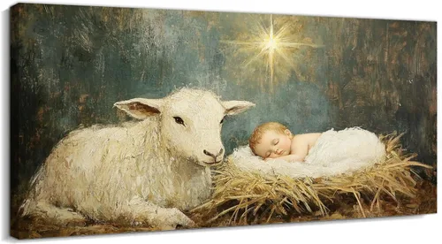 Miniatura 15 de TIMUBA Arte de pared de pesebre navideño, impresiones en lienzo de belén, imagen de póster cristiano de Jesús de noche estrellada, pintura