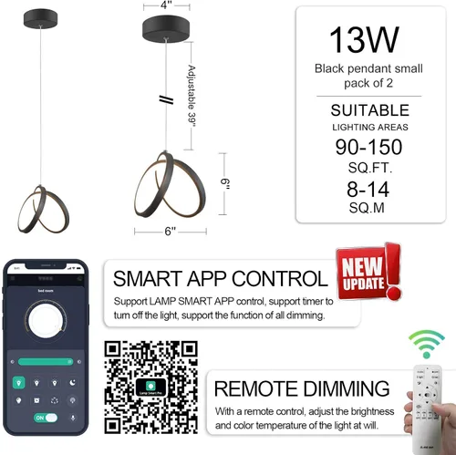 Miniatura 2 de Iluminación colgante moderna de isla, con control remoto regulable y aplicación de lámpara Samrt, lámpara de techo negra colgante ajustable