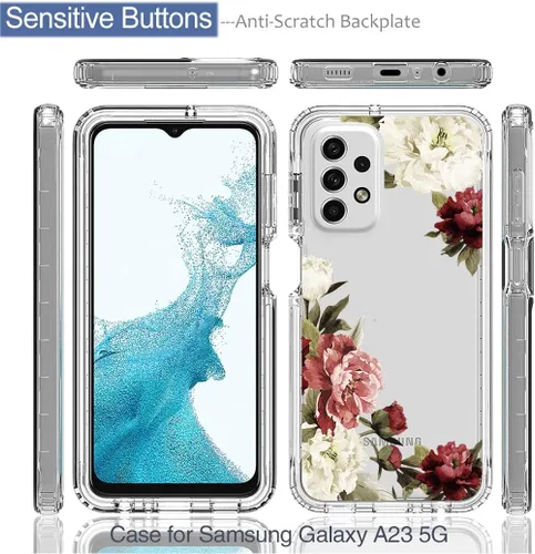 Miniatura 5 de Funda para Galaxy A23, SM-A235M con protector de pantalla de vidrio templado, bonito patrón floral transparente de cuerpo completo, funda protectora