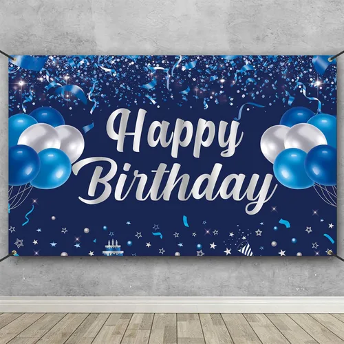 Trgowaul Pancarta de Feliz Cumpleaños, Decoraciones de Fiesta de Cumpleaños Azul y Plateado, Suministros de Fiesta para Hombres, Mujeres y Niños,