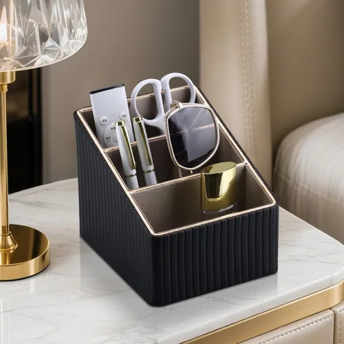 Miniatura 6 de KINGFOM Organizador de 3 ranuras de cuero sintético PU para control remoto, caja de almacenamiento de artículos diversos para el hogar