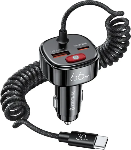 Syncwire Cargador de coche USB C con [prevención de fugas de batería] Adaptador de coche súper rápido de 66 W con PD y QC 3.0 Cable en espiral tipo
