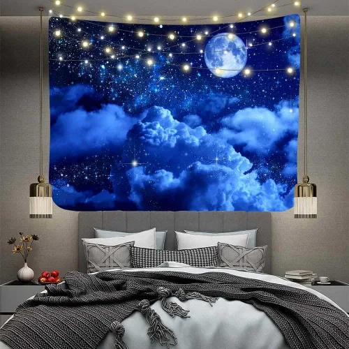 Miniatura 8 de Aidatain Tapiz de luna azul cielo nocturno nube creciente tapiz grande de 80 pulgadas 60 pulgadas 60 pulgadas de tela de franela temática de luz