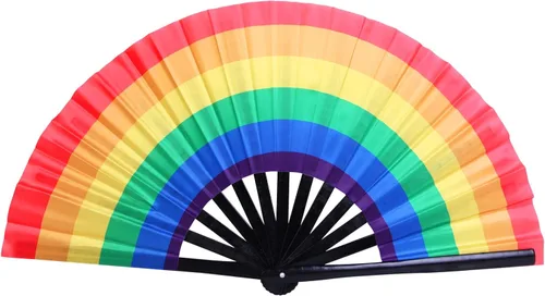 Gionforsy Rave - Ventilador de mano de bambú con soporte de mano, ventilador plegable grande con ventilador plegable de tela de color brillante para