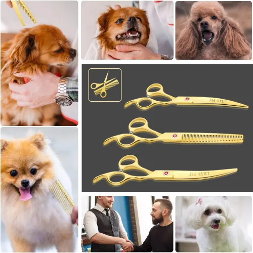 Miniatura 7 de Tijeras de titanio recubiertas de aseo profesional para mascotas para perros, tijeras de corte, curvas y adelgazantes (7.0 pulgadas, doradas)