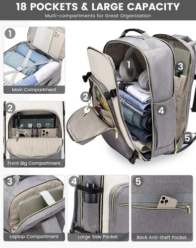 Miniatura 4 de LOVEVOOK Mochila de Viaje Grande para Mujeres Equipaje de Mano Mochila Bolsas de Artículos Personales Esenciales, Mochilas de viaje Gris-beige-negro
