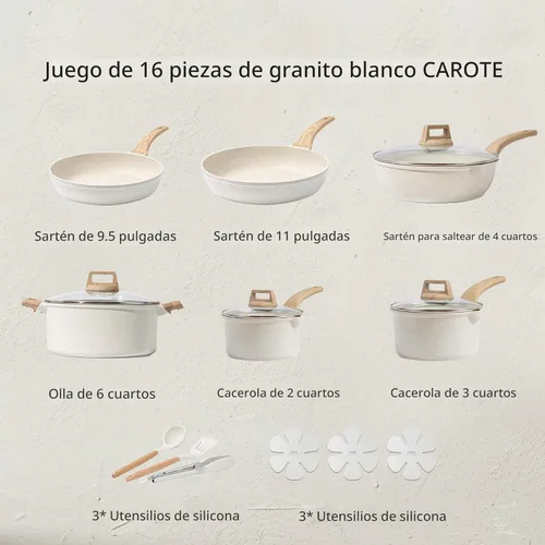 Miniatura 2 de CAROTE - Juego de 16 piezas de ollas y sartenes antiadherentes, juego de batería de cocina de granito blanco, juego de cocina antiadherente