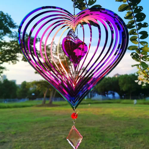 Molinillo de viento para exteriores, de metal, 3D, para colgar en el patio, decoración de jardín, regalos de acero inoxidable con patrón de corazón