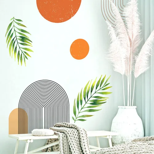 Miniatura 9 de Calcomanías de Pared Bohemias de Mediados de Siglo Modernas Despegar y Pegar, Pegatinas de Vinilo de Pared de Arcos Grandes Sol, Hojas Plantas