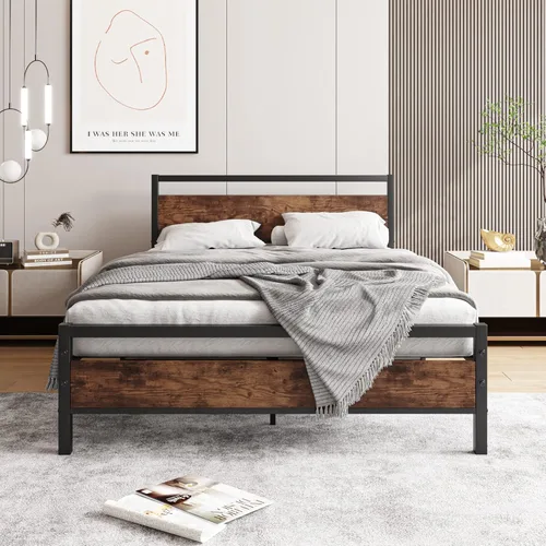 Miniatura 10 de HOJINLINERO Marco de cama individual con cabecera de madera, marco de cama de metal con plataforma individual, no necesita somier, listones de acero