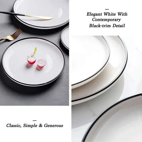 Miniatura 5 de Platos pequeños de porcelana de 6 pulgadas, color blanco con bordes negros, platos para servir, postre, ensalada, aperitivos, juego de 6
