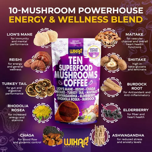 Miniatura 2 de WIXAR Superfood - Café de hongos, café instantáneo en polvo, diez extractos de superalimentos con melena de león, cola de pavo, Reishi, Chaga
