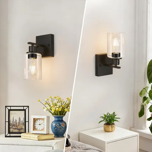 Miniatura 7 de Indoi Juego de 2 apliques de pared para baño, luces modernas de tocador negro mate con pantalla de vidrio transparente, lámpara de pared de baño