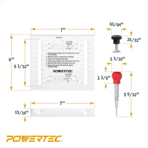 Miniatura 6 de POWERTEC Plantilla de hardware para gabinete con punzón central, plantilla de cajón para instalar tiradores, perillas, mango en gabinete y cajón