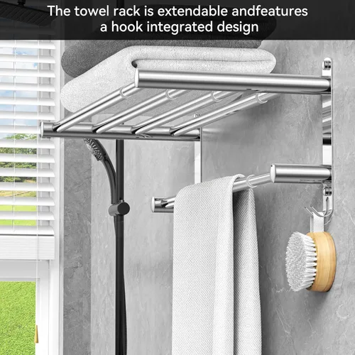 Miniatura 4 de CAXIMSY Toallero ajustable para montaje en pared de baño, 17 a 30.7 pulgadas, toallero adhesivo de acero inoxidable para baño, cocina, doble