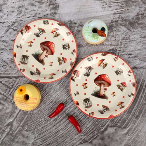 Miniatura 7 de 50 platos de papel desechables, 7 pulgadas, platos de postre de hongos rojos para primavera y verano, bosque, salvaje, vibrante, setas, decoraciones