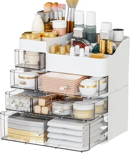 Miniatura 7 de SuoXing Organizador de maquillaje para tocador, organizador de maquillaje grande con 6 cajones para mostrador, organizador de almacenamiento de Rosa