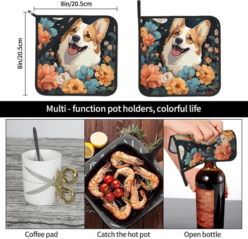 Miniatura 3 de 2 soportes para ollas para cocina, resistentes al calor, con patrón Corgi, almohadillas calientes, lavables, para cocinar, salvamanteles cuadrados