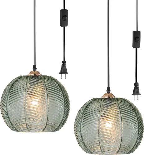 Miniatura 28 de Lámparas colgantes de esquina vintage para sala de estar, lámpara colgante de vidrio acanalado ámbar con cable enchufable, lámpara colgante bohemia
