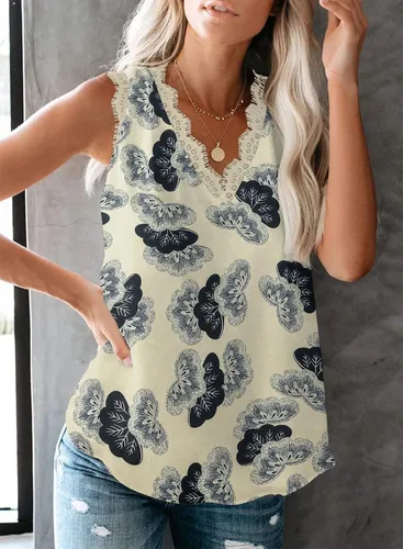 Miniatura 221 de VIISHOW - Camiseta sin mangas, sexy, con cuello en V y bordes de encaje para mujer, camisola de vestir, camisas de gasa, sin mangas, casuales