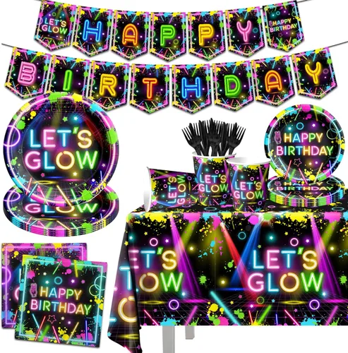 Suministros para Fiestas de Neón, 142 Piezas Let Glow Decoraciones de Fiesta Incluyendo Platos de Papel Desechables, Tazas, Manteles, Decoración