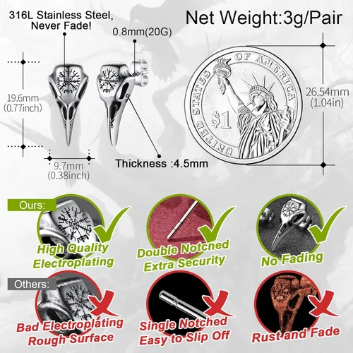 Miniatura 5 de FaithHeart Viking Raven Earrings for Men Sturdy Stainless Steel Punk Rock Earrings Lightweight Hypoallergenic Ear Jewelry with Gift Box