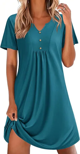 Miniatura 8 de Ekouaer Camisones para mujer de algodón Vestidos de noche Plisados Camisones Henley Cuello en V Camisas de dormir de manga corta Ropa de dormir