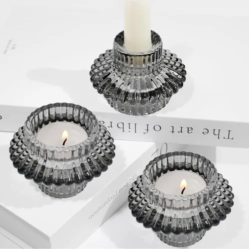 Miniatura 2 de Juego de 3 portavelas reversibles, cónicos de cristal gris y candelita para centro de mesa, boda, fiesta, decoración del hogar