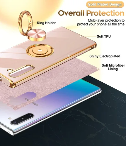 Miniatura 2 de LeYi Funda para Note 10 - Soporte de anillo giratorio de 360°, soporte magnético, funda protectora con borde de oro rosa chapado