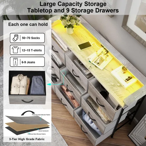 Miniatura 5 de EXOTICA Cómoda con estación de carga, 9 cajones para dormitorio con luces LED, cómoda de tela alta y ancha para armario, pasillo, entrada, marco