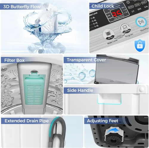 Miniatura 7 de Nictemaw Lavadora portátil, capacidad de 20 libras, lavadora portátil completamente automática, lavadora compacta de 2.8 pies cúbicos con 10 Blanco