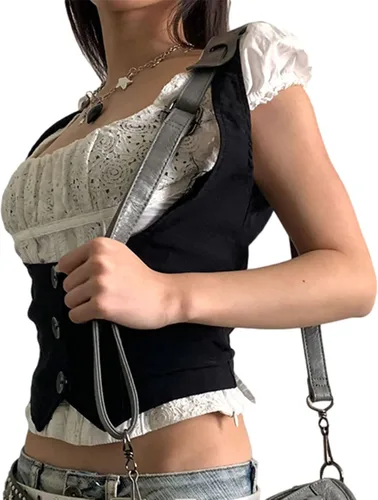 Miniatura 2 de Chaleco punk de vaqueras para mujer, ajuste delgado, halter, cuello en V, esmoquin, trajes versátiles, Vintgae Y2K Streetwear