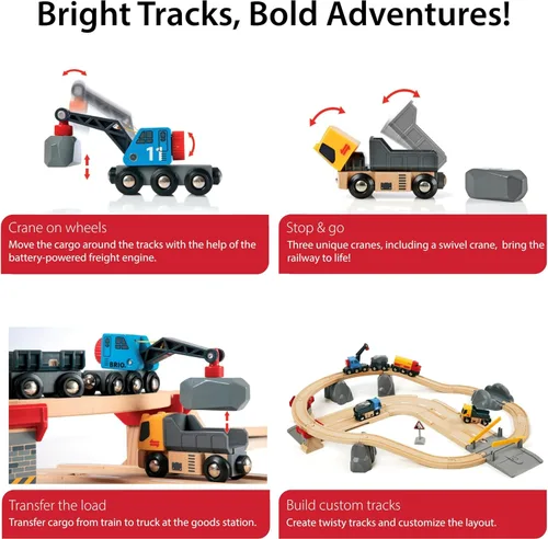 Miniatura 5 de BRIO World Rail & Road - Juego de tren de madera con certificación FSC de 32 piezas y accesorios - Auto grúa especial, plataforma plana, pistas