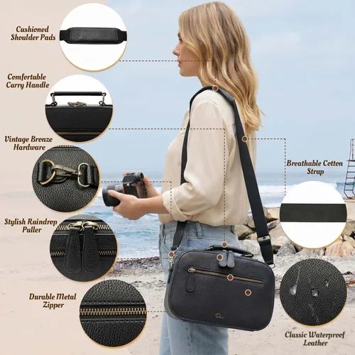 Miniatura 4 de Bolsa de hombro para cámara Divvia, bolsa de cámara impermeable de PU de cuero para fotógrafos, estuche pequeño a prueba de golpes con divisores