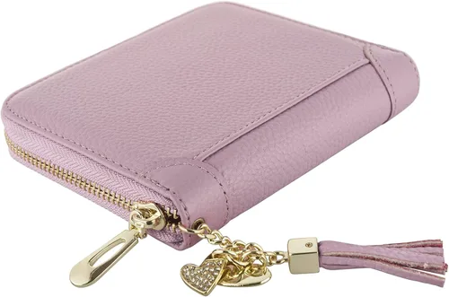 Miniatura 3 de Cartera con tarjetero RFID para tarjetas de crédito, de cuero, con cremallera, para mujer, 40 ranuras para tarjetas, Púrpura, Compacto