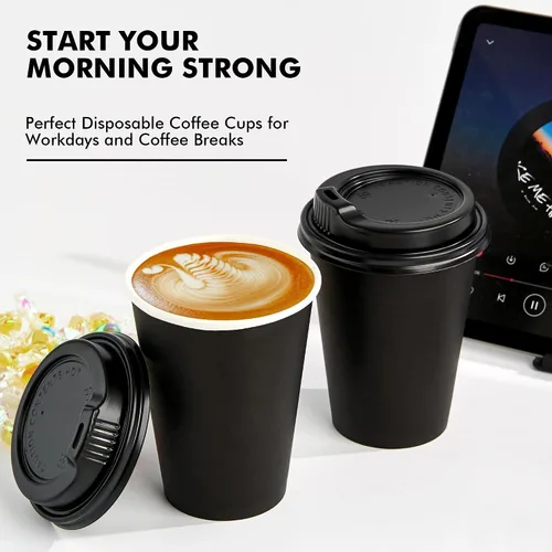 Miniatura 9 de RACETOP Tazas de café de papel de 12 onzas, paquete de 100 tazas de café desechables negras con tapas, tazas de papel caliente con tapas, taza