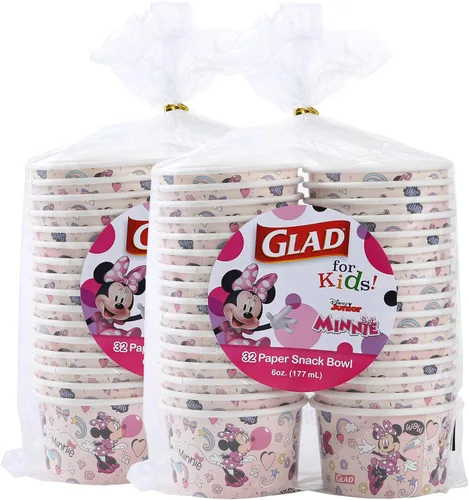 Miniatura 8 de Glad para niños Disney Mickey y amigos, cuencos desechables de papel para aperitivos, sin tapas, Minnie rosa - resistente, apto para microondas