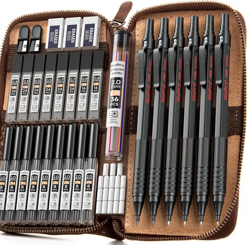 Miniatura 9 de Nicpro - Juego de 20 portaminas metálicos negros en estuche de cuero, lápices de dibujo de 0.01 pulgadas, 0.02 pulgadas, 0.03 pulgadas, 0.035