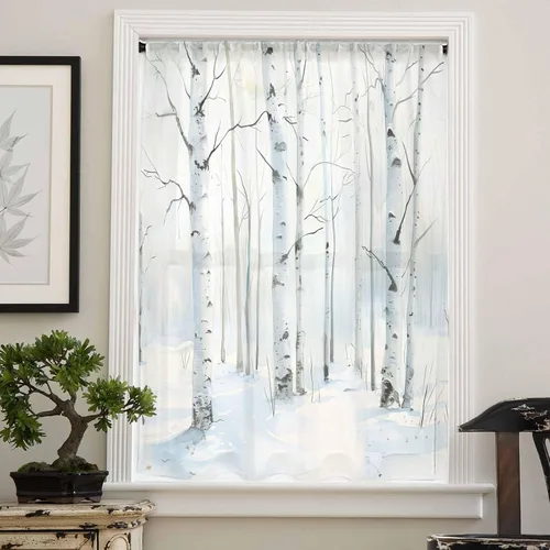 Miniatura 4 de Cortinas semitransparentes de abedul blanco para sala de estar, dormitorio, puertas francesas, ventana de 63 pulgadas de largo, acuarela, invierno