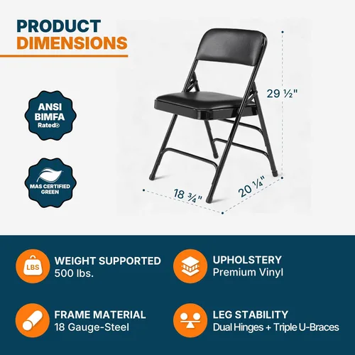 Miniatura 3 de OEF Furnishings OEF1300 Series - Sillas plegables acolchadas de vinilo de alta calidad con soporte de triple soporte, capacidad de 500 libras, Negro