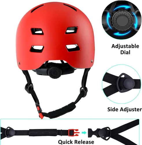 Miniatura 3 de Casco de bicicleta en 3 tallas para adolescentes, niños, jóvenes, adultos, Bavilk Casco de monopatín ajustable multideporte para bicicleta, Rojo mate