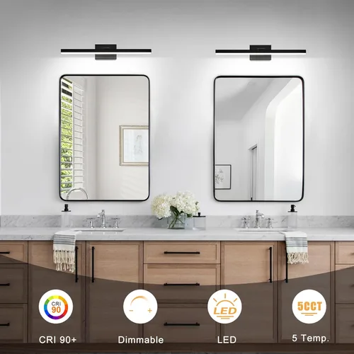 Miniatura 3 de IZORRO Moderna lámpara de tocador de baño de 16 pulgadas, giratoria, 12 W, regulable, lámpara LED sobre el espejo, barra de luz negra para tocador